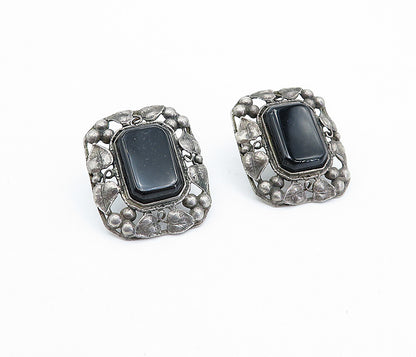 925 Sterling Silver  Vintage Black Onyx Floral Border Drop Earrings  EG2081