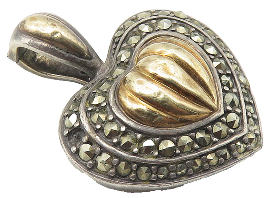 925 Sterling Silver  Vintage Marcasite Two Tone Love Heart Pendant  PT8300