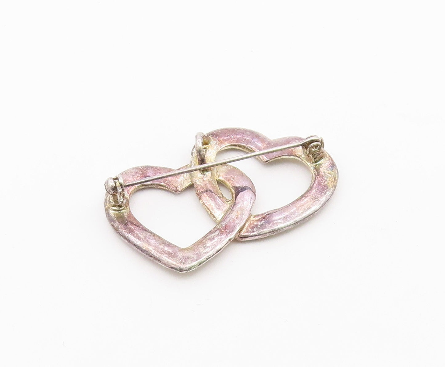 925 Sterling Silver  Vintage Shiny Topaz Open Love Hearts Brooch Pin  BP8189