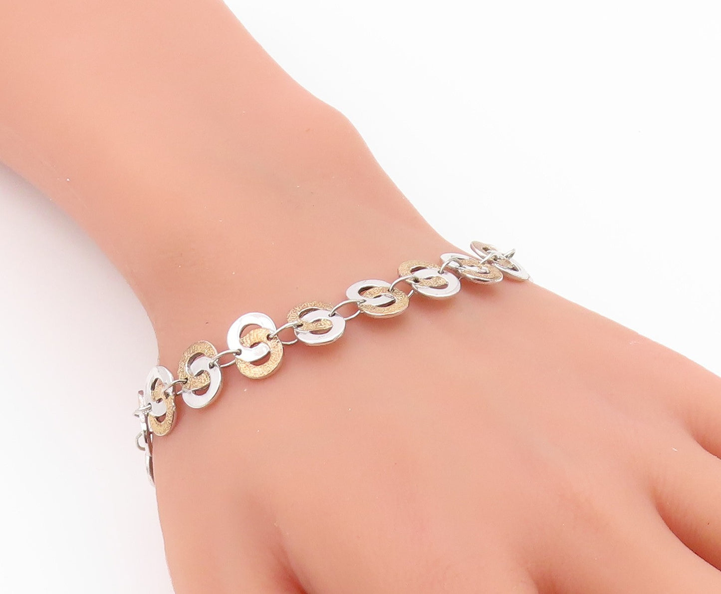 925 Sterling Silver Vintage Bracelet Two Tone Interlocking Circles Link  BT12200