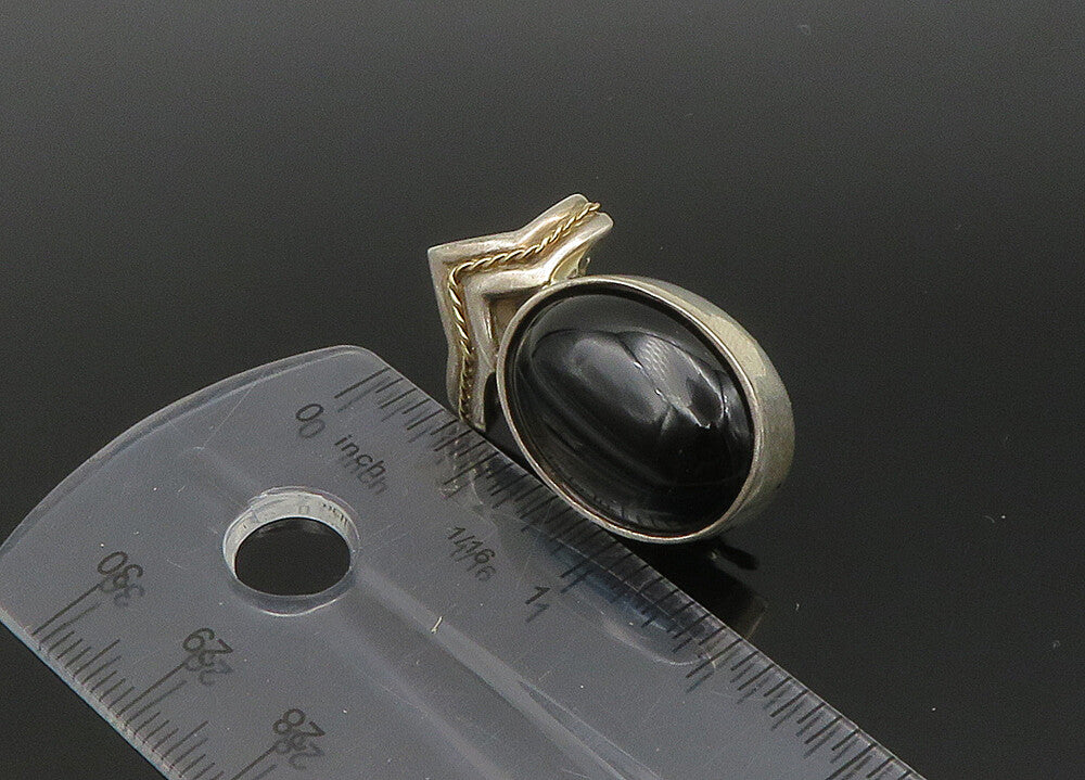 925 Sterling Silver & 14K GOLD  Vintage Black Onyx Non Pierce Earrings EG10824