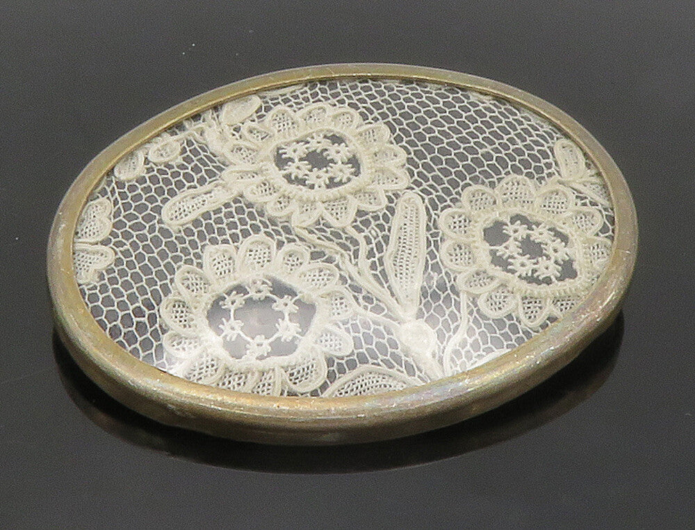 925 Sterling Silver  Vintage Floral Motif Lace Cloth Oval Brooch Pin  BP5880