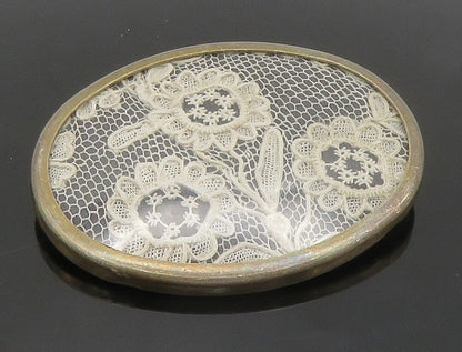 925 Sterling Silver  Vintage Floral Motif Lace Cloth Oval Brooch Pin  BP5880