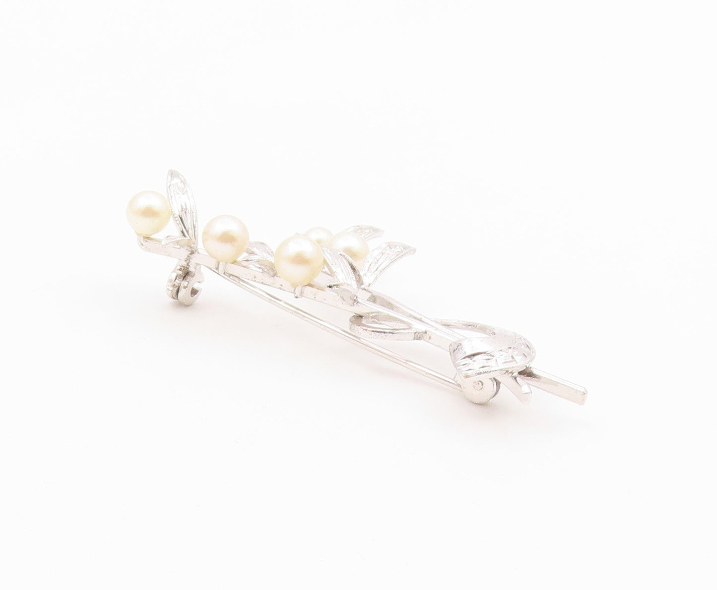 925 Sterling Silver  Vintage Cultured Pearls Leaf Stem Brooch Pin  BP9364