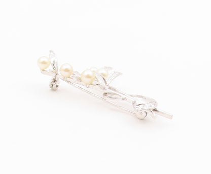 925 Sterling Silver  Vintage Cultured Pearls Leaf Stem Brooch Pin  BP9364