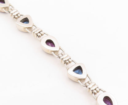 925 Sterling Silver Vintage Bracelet Amethyst & Blue Topaz Link Chain  BT11465