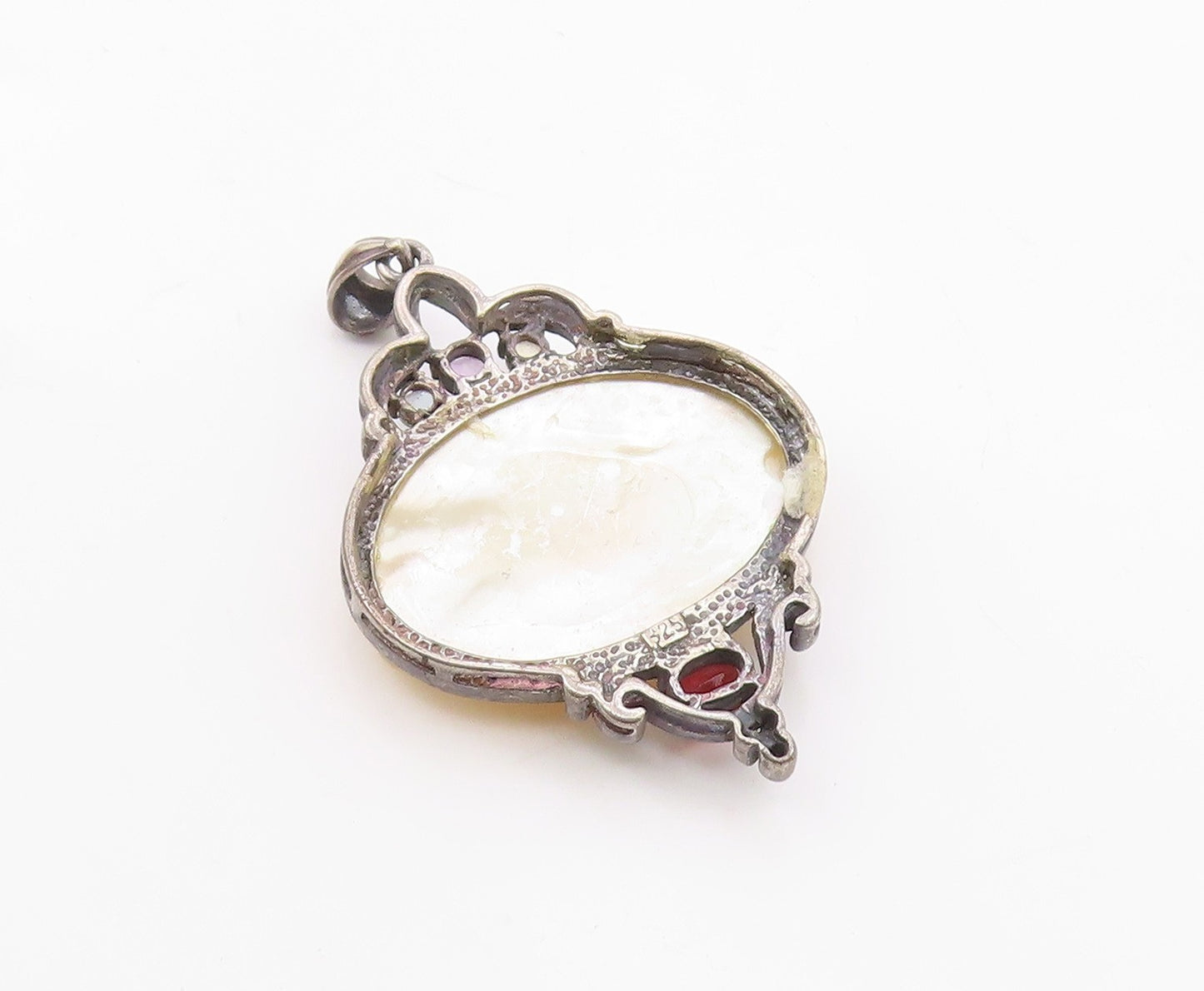 925 Sterling Silver  Vintage Mother Of Pearl & Topaz Dragon Pendant  PT7278