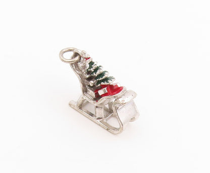 925 Sterling Silver Vintage Pendant Enameled Christmas Sleigh Charm  PT25384