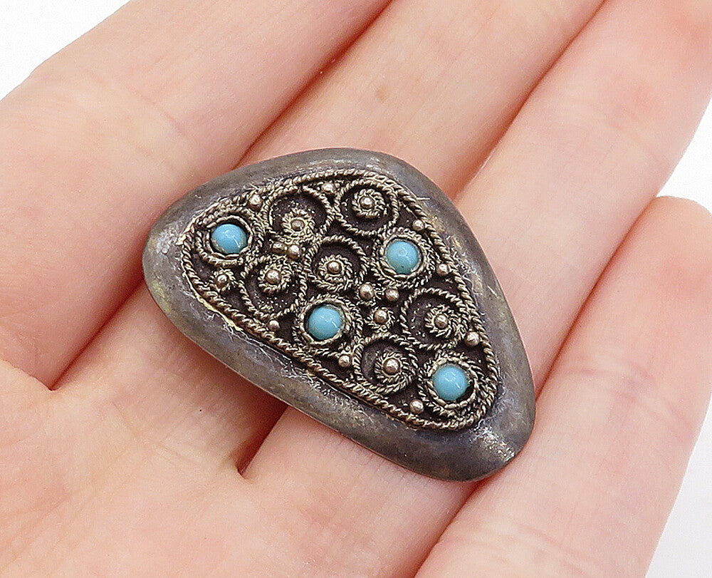 ISRAEL 925 Sterling Silver  Vintage Turquoise Oxidized Twist Brooch Pin BP1354