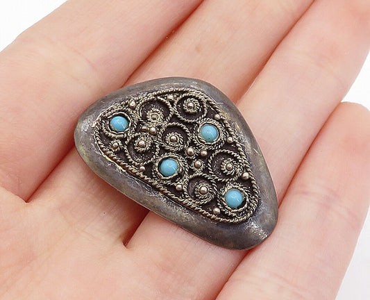 ISRAEL 925 Sterling Silver  Vintage Turquoise Oxidized Twist Brooch Pin BP1354