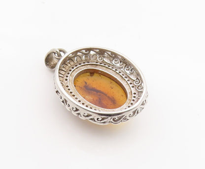 925 Sterling Silver Vintage Pendant Cabochon Honey Amber Halo CZ Locket  PT25490