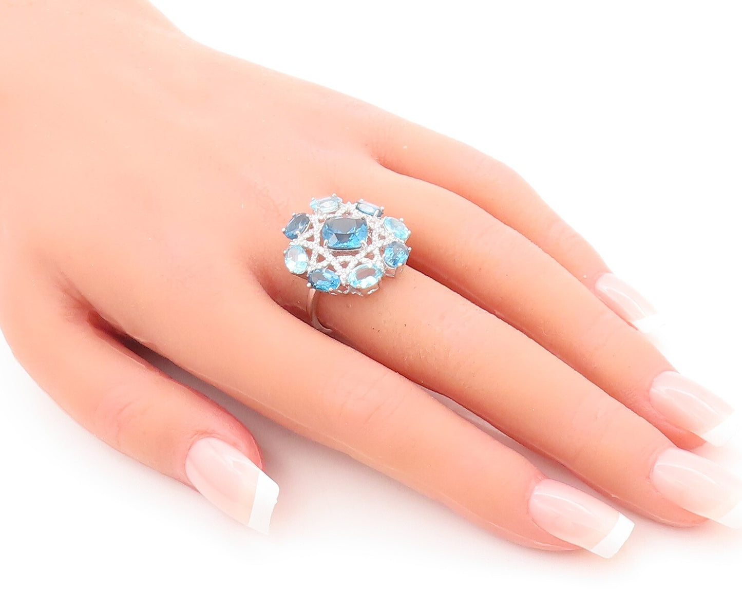 925 Sterling Silver Vintage Ring White & Blue Topaz Star Flower  Sz 7  RG29697