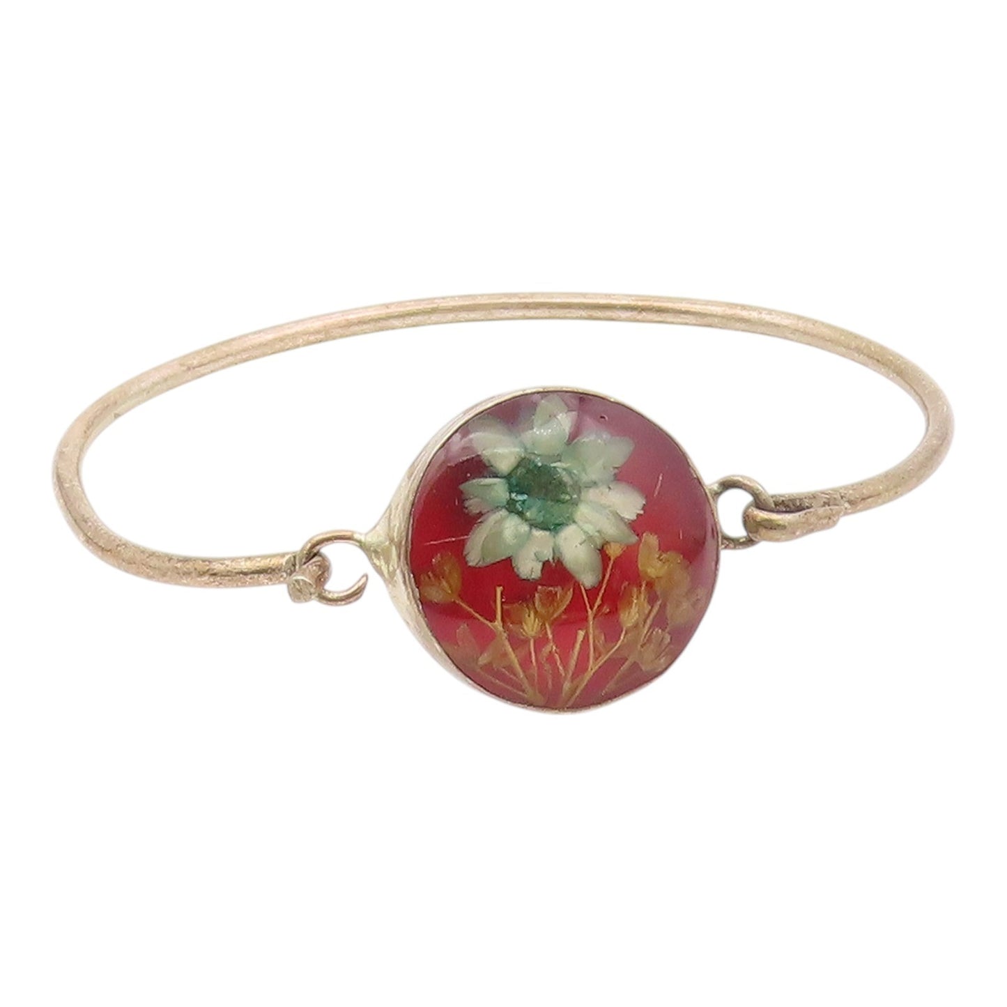 925 Sterling Silver  Vintage Flower Glass Art Bangle Bracelet  BT9652