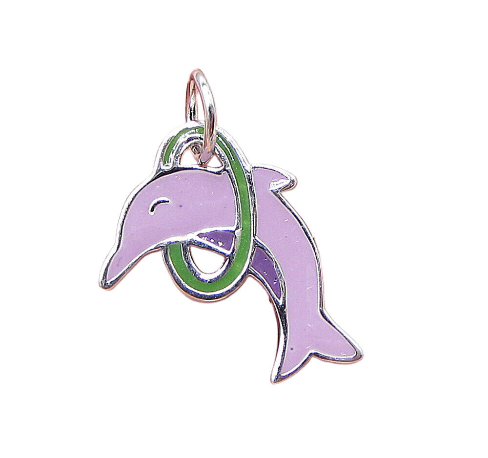 925 Sterling Silver  Enamel Hoop Jumping Dolphin Charm Pendant  PT1440