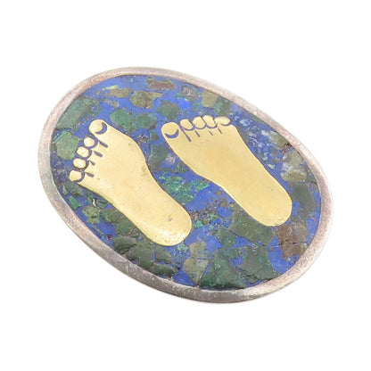 925 Sterling Silver Vintage Brooch MEXICO Malachite Inlay Foot Print  BP12014