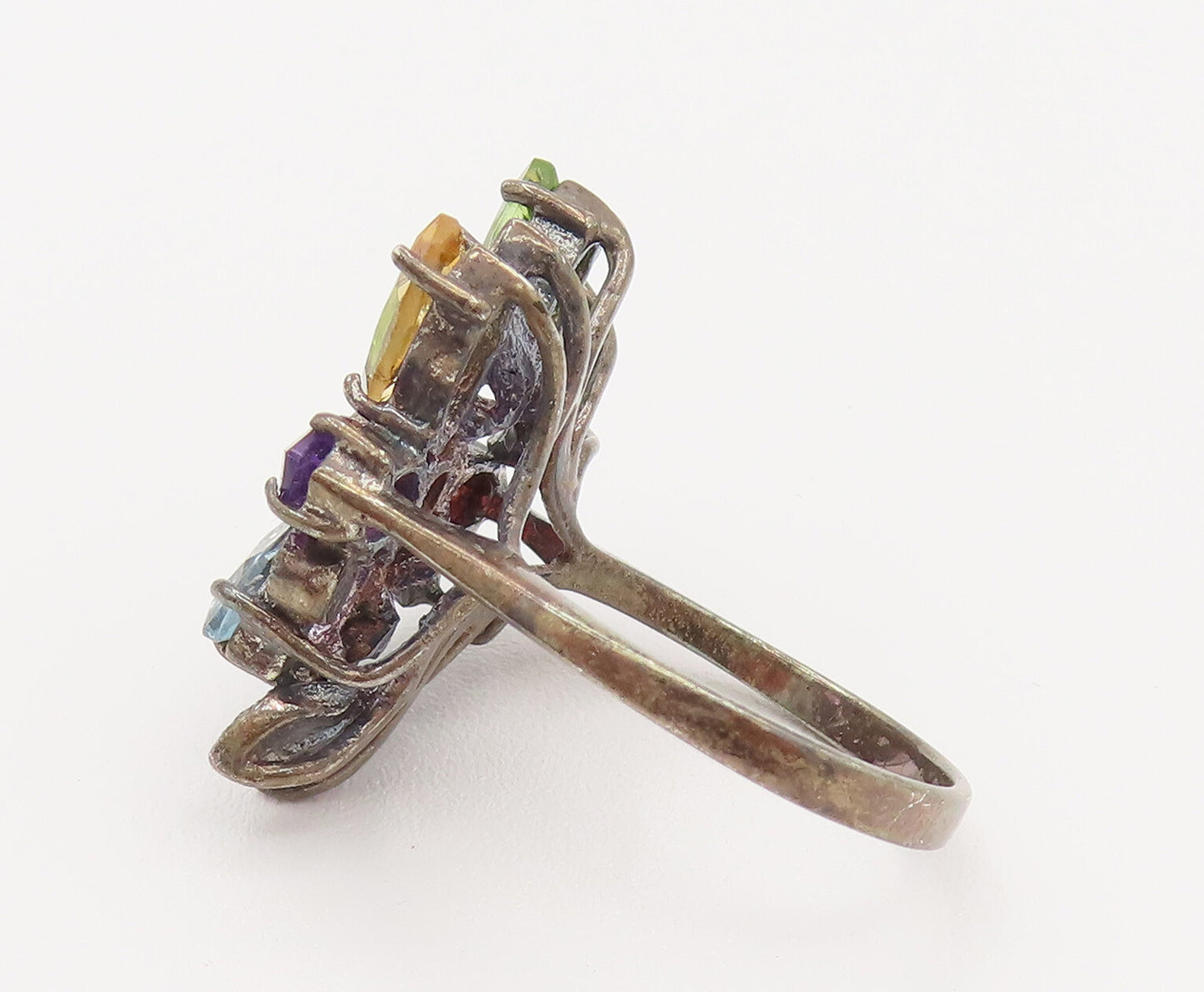 925 Silver  Vintage Amethyst Garnet & Gemstones Flower Ring Sz 7.25  RG26199