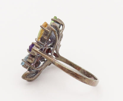 925 Silver  Vintage Amethyst Garnet & Gemstones Flower Ring Sz 7.25  RG26199