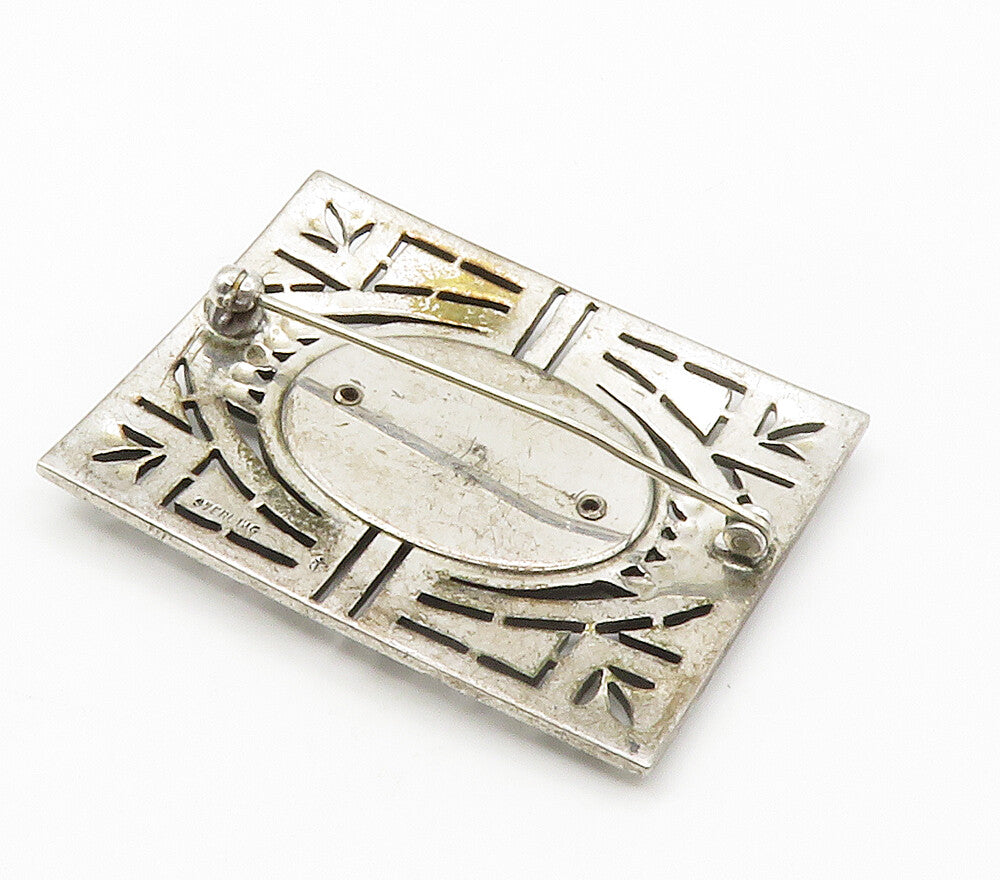 925 Sterling Silver  Vintage Black Onyx Sparkling Cutout Brooch Pin  BP5824