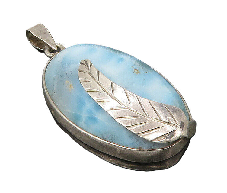 925 Sterling Silver  Vintage Cabochon Cut Larimar Floral Leaf Pendant  PT14153