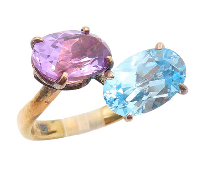 925 Sterling Silver Vintage Ring Gold Plated Amethyst & Blue Topaz Sz 10 RG34265