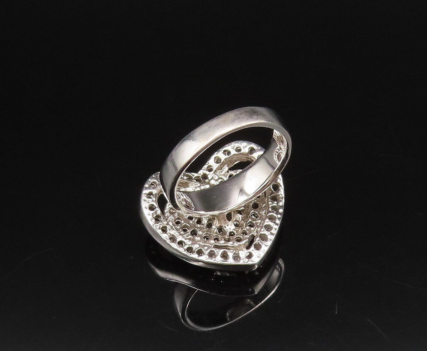 925 Silver  Vintage White Topaz & Black Spinel Heart Shaped Ring Sz 6  RG26031