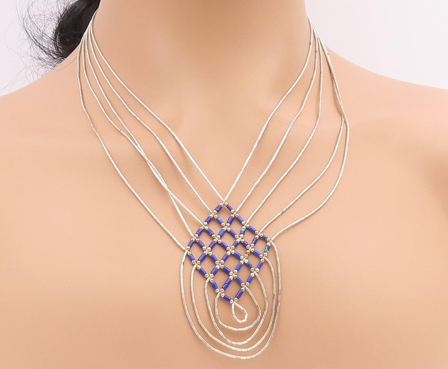 925 Sterling Silver Vintage Necklace Modernist Lapis Lazuli Beaded Net  NE4855