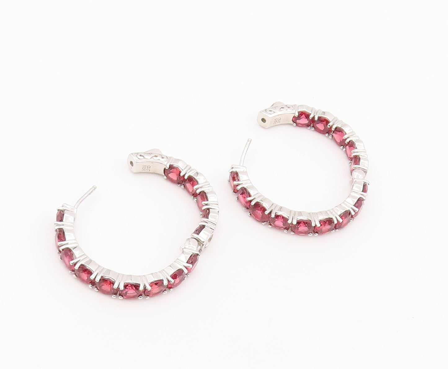 925 Sterling Silver Vintage Earrings Modernist Round Cut Topaz Hoops  EG14455