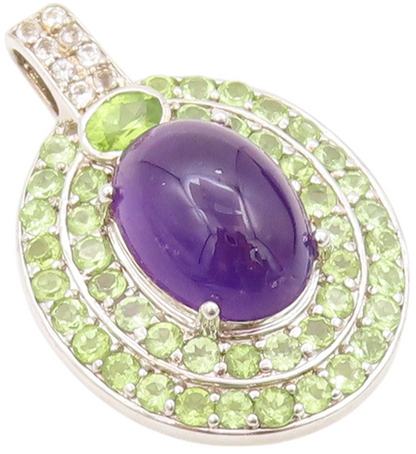 925 Sterling Silver Vintage Pendant Oval Amethyst Halo Peridot & Topaz  PT24100