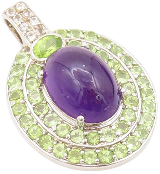 925 Sterling Silver Vintage Pendant Oval Amethyst Halo Peridot & Topaz  PT24100