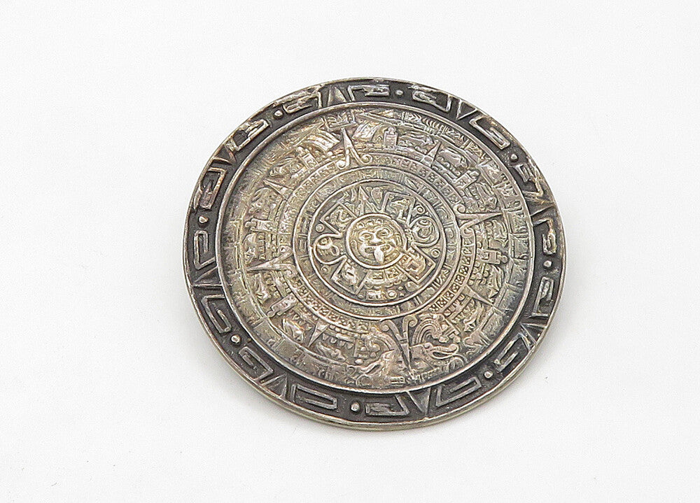MEXICO 925 Silver  Vintage Mayan Aztec Sun Calendar Round Brooch Pin  BP8417