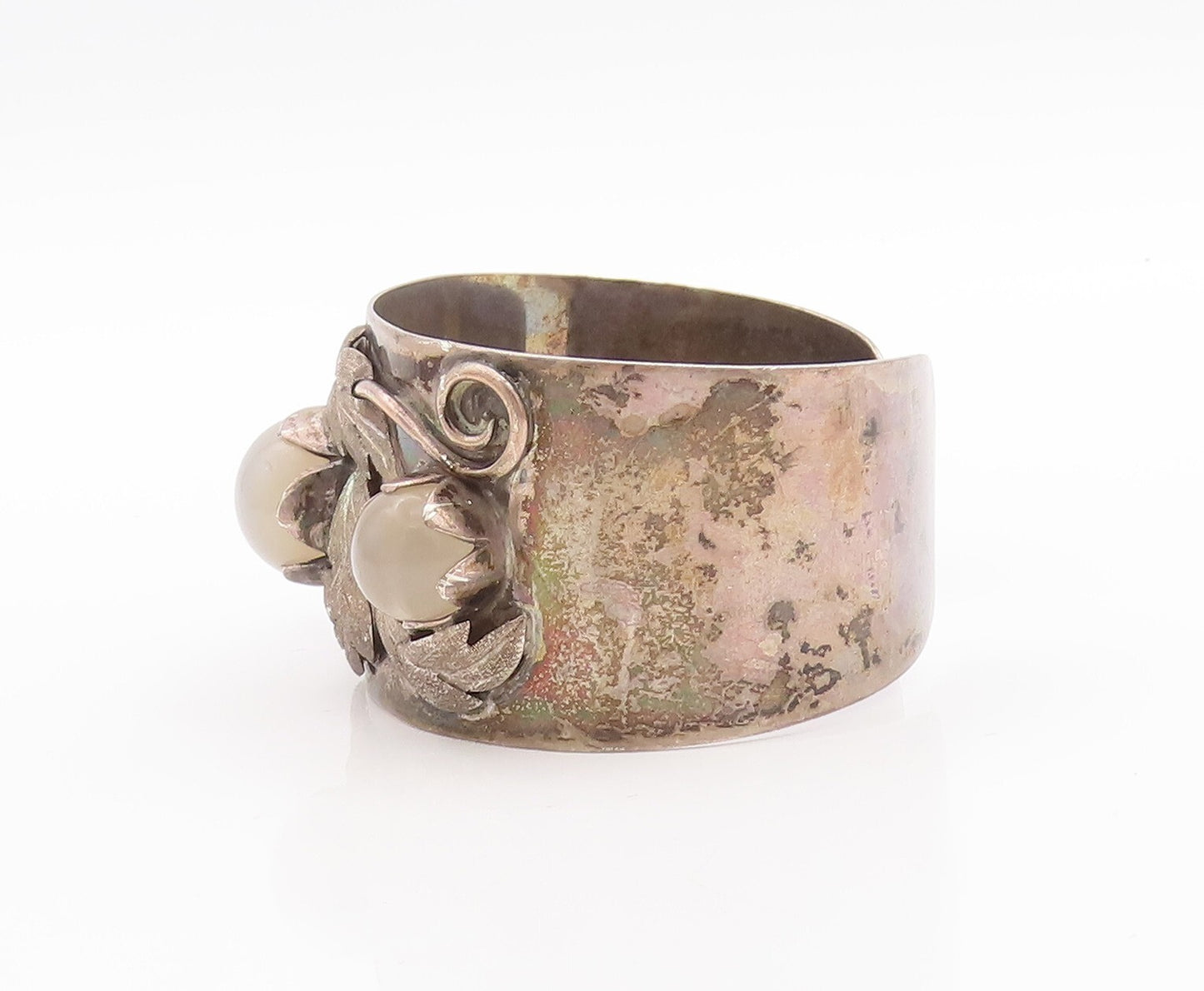 925 Sterling Silver Vintage Bracelet Cabochon Gemstone Floral Cuff  BT10701