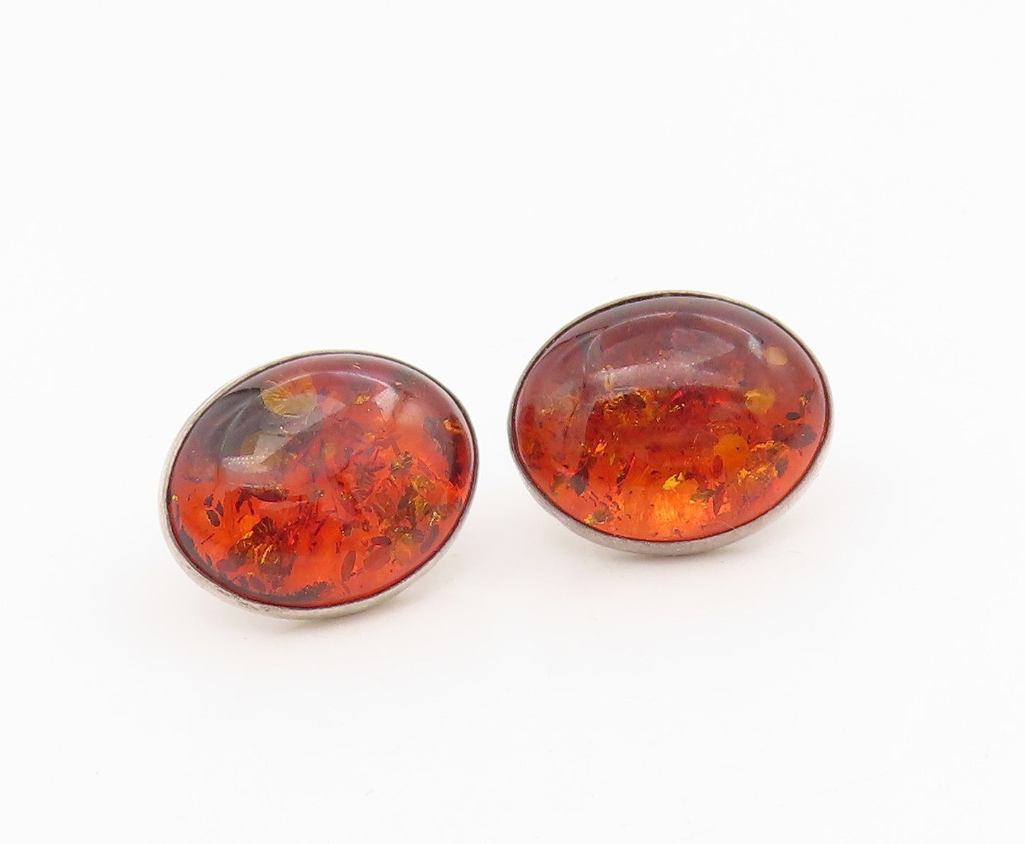 925 Sterling Silver Vintage Earrings POLAND Cabochon Honey Amber Studs  EG13958