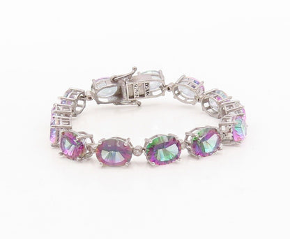 925 Sterling Silver Vintage Bracelet Round Cut Linked Mystic Topaz  BT10743