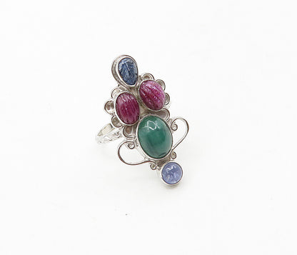 925 Sterling Silver  Carnelian Ruby & Sapphire Cocktail Ring Sz 8  RG8866