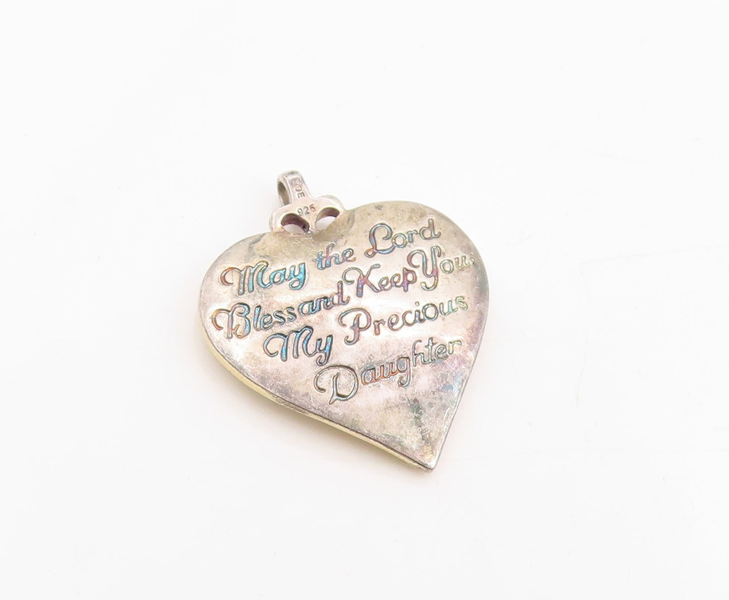 925 Sterling Silver Vintage Pendant Real Diamond Sapphire Heart & Cross  PT25318