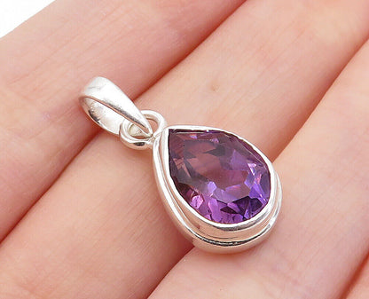 925 Sterling Silver - Faceted Pear Shape Amethyst Shiny Drop Pendant - PT5045