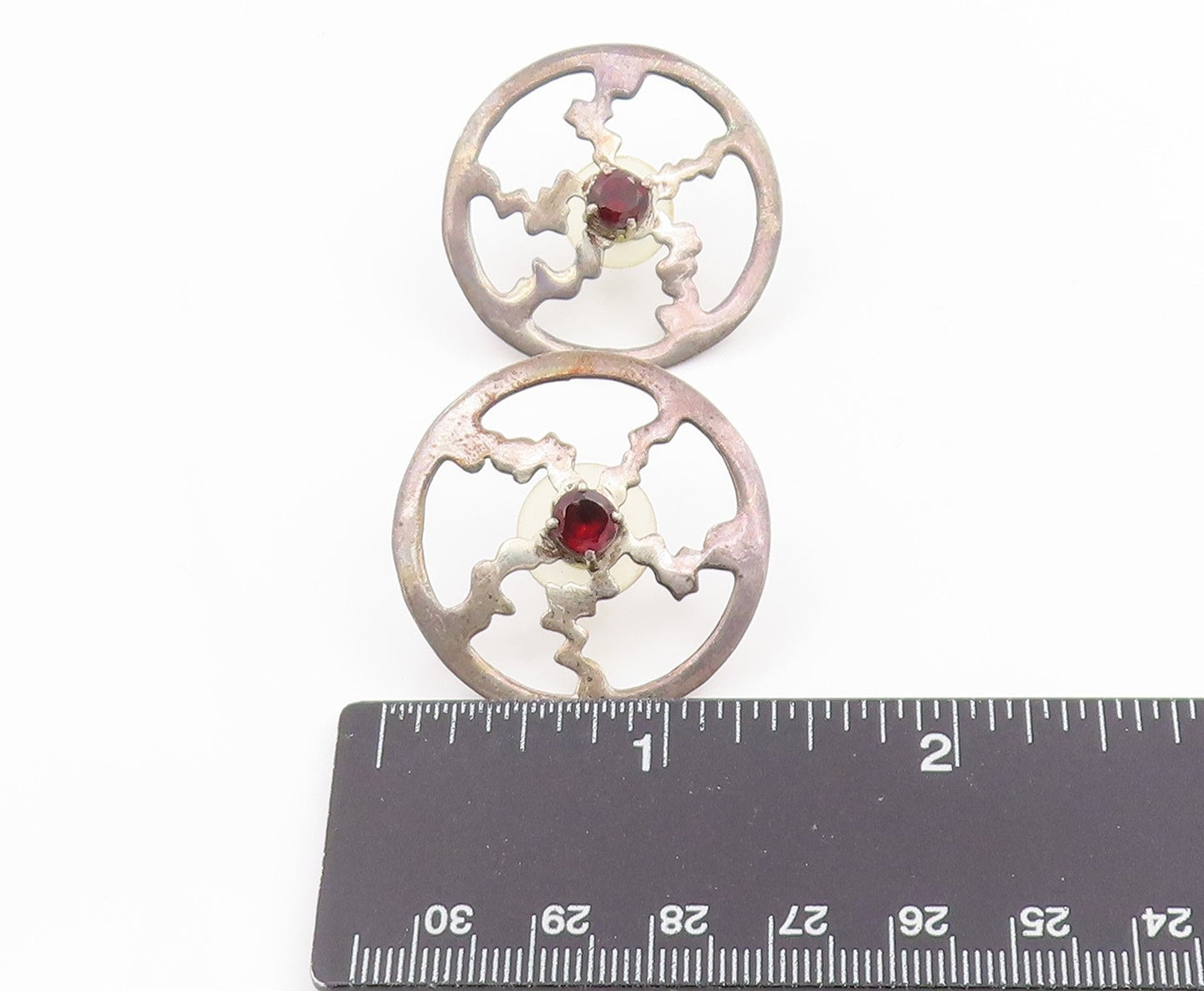 925 Sterling Silver Vintage Earrings Garnet Geometric Sunburst Wheel  EG14352