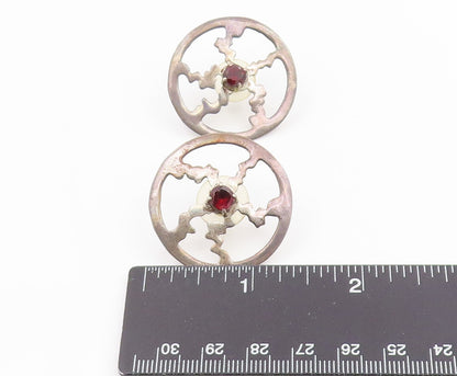 925 Sterling Silver Vintage Earrings Garnet Geometric Sunburst Wheel  EG14352