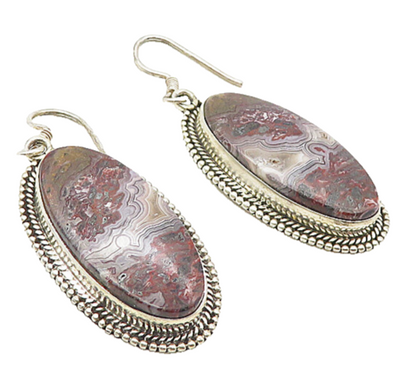 925 Sterling Silver  Vintage Agate Oval Twist Border Dangle Earrings  EG3895