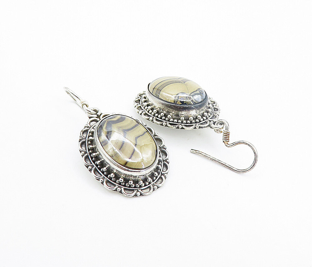 925 Sterling Silver  Vintage Agate With Hematite Oval Dangle Earrings  EG3274