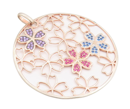 925 Sterling Silver Vintage Pendant Gold Plated Flowers Cutout Inlay CZ  PT23413
