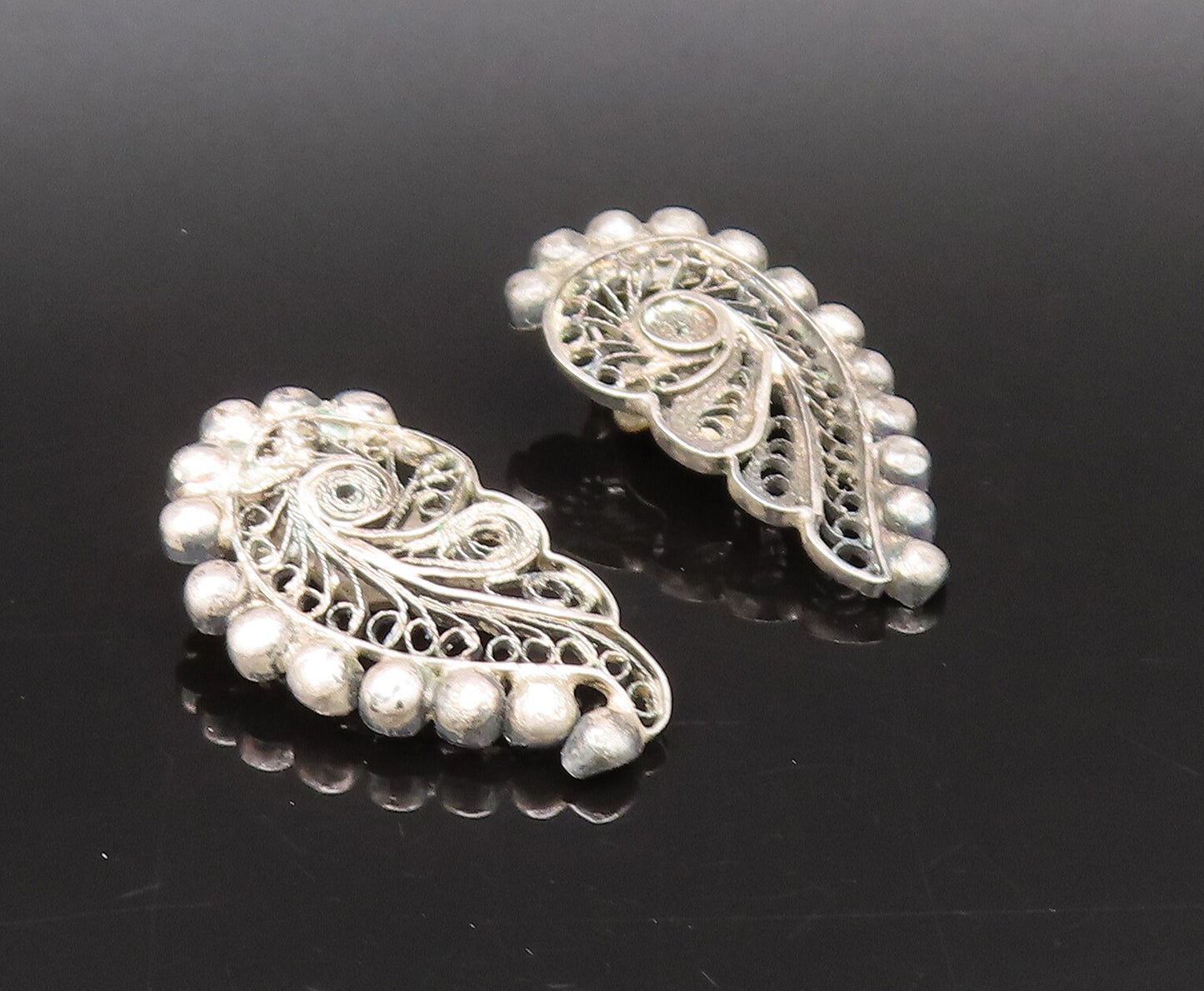 925 Silver  Vintage Antique Beaded & Filigree Swirl Clip Back Earrings EG12264