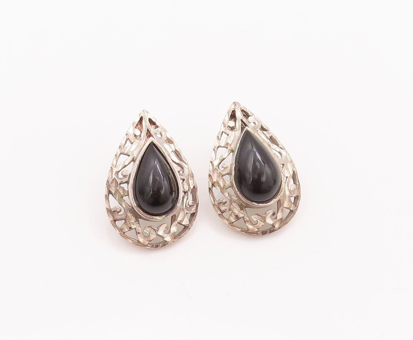 925 Sterling Silver Vintage Earrings Drop Shape Onyx Halo Swirly Carved  EG12958