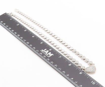 925 Sterling Silver Vintage Necklace Clustered CZ Solid Love Heart Chain  NE4658