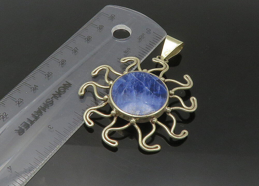 925 Sterling Silver  Vintage Inlaid Sodalite Shining Sun Motif Pendant PT18352