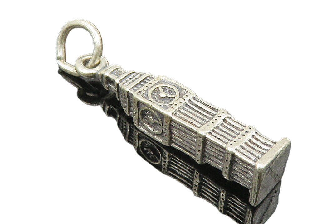 925 Sterling Silver  Vintage Petite Clock Tower Building Drop Pendant  PT8444