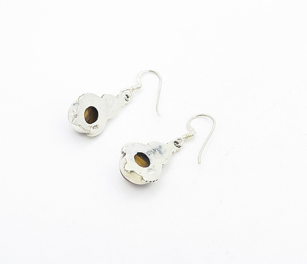 925 Sterling Silver  Vintage Cabochon Cut Tiger's Eye Dangle Earrings  EG3484