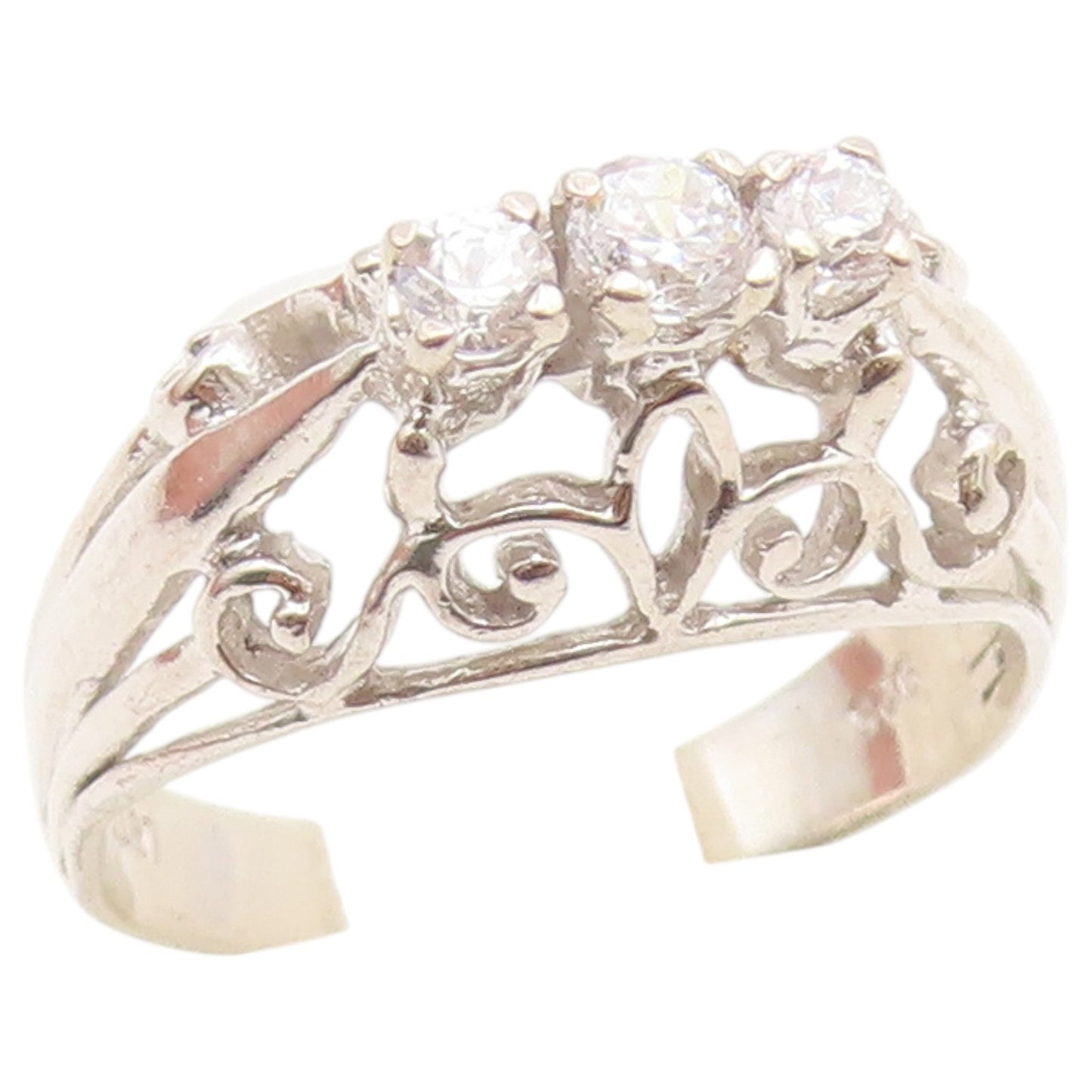 925 Sterling Silver Vintage Ring Three Stone CZ Openwork Band  Sz 6  RG36872