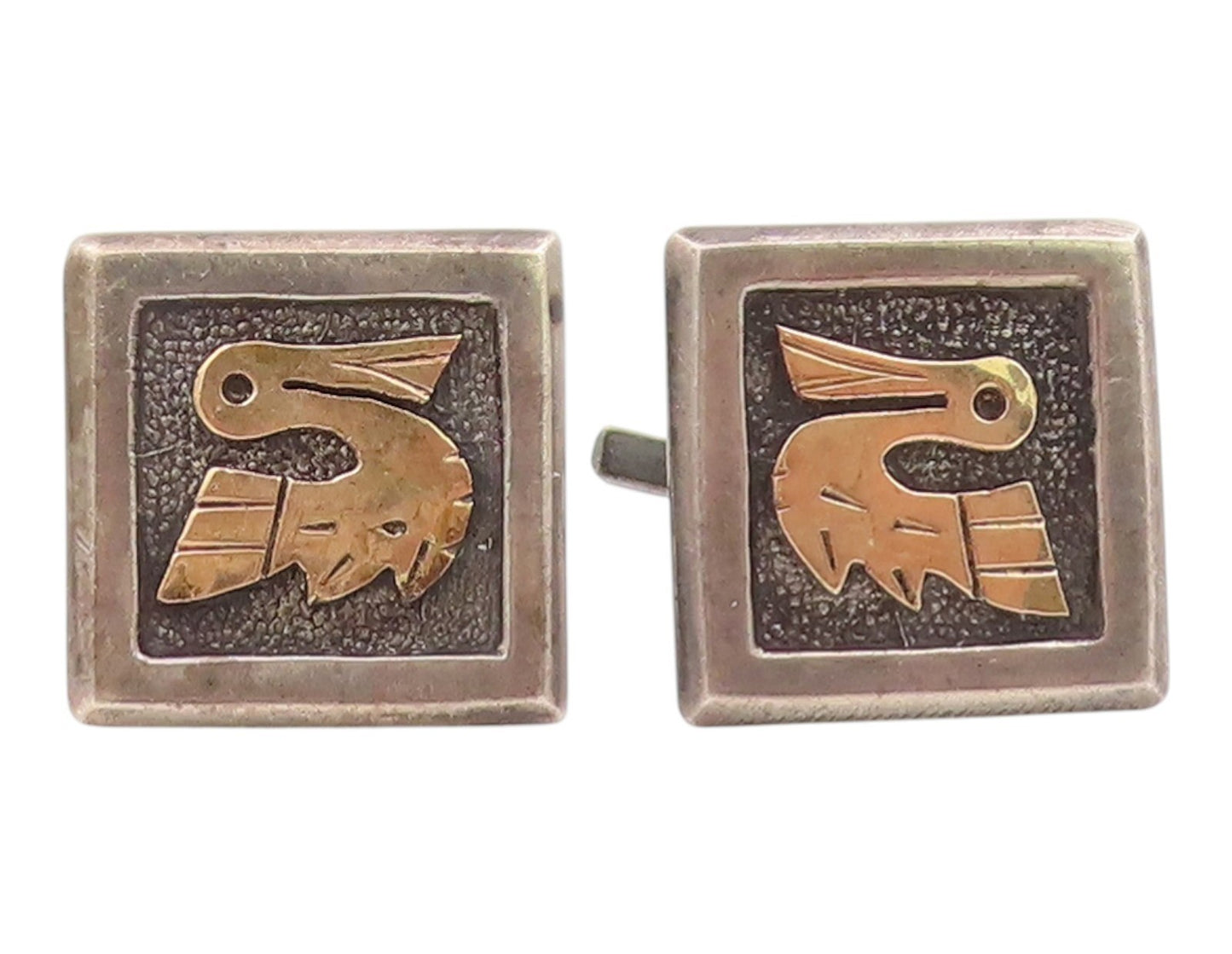 18k Gold & 925 Sterling Silver Vintage Cufflinks Peruvian Inca Bird Motif TR4236