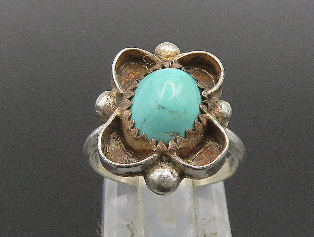 925 Silver Vintage Beaded Floral Turquoise Ring Sz 5.5 RG24488